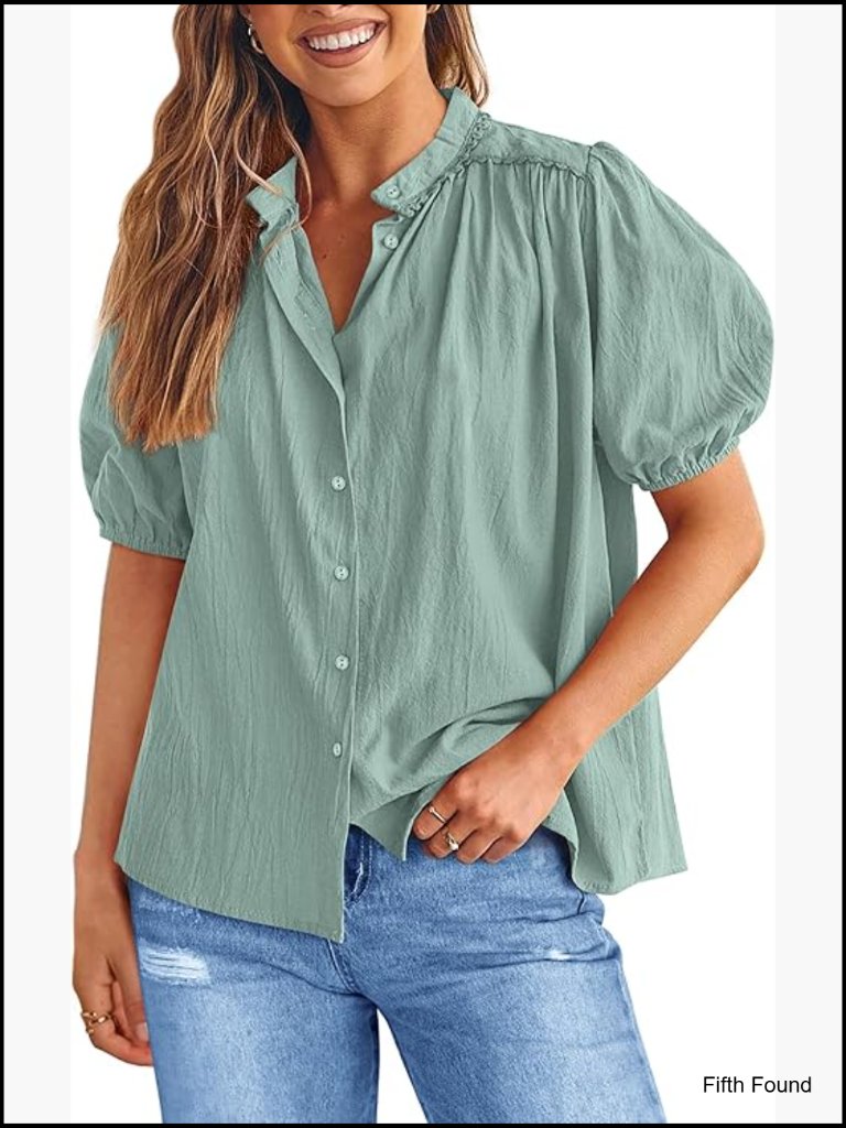Women's Button Down Blouse Short Lantern Sleeve V Neck Cotton Tops